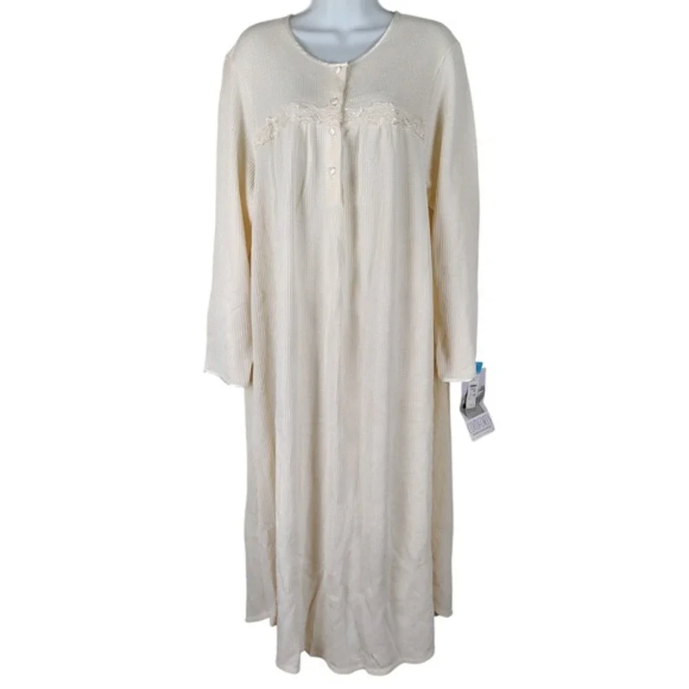 vintage NOS Comforts by Shadowline Ivory Waffle Knit Lace Nightgown XL Sleepwear
